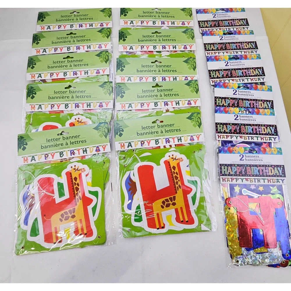 16pc Happy Birthday Banner Set 10 Jungle 7ft & 6 Holographic 2ft Party Decor Lot